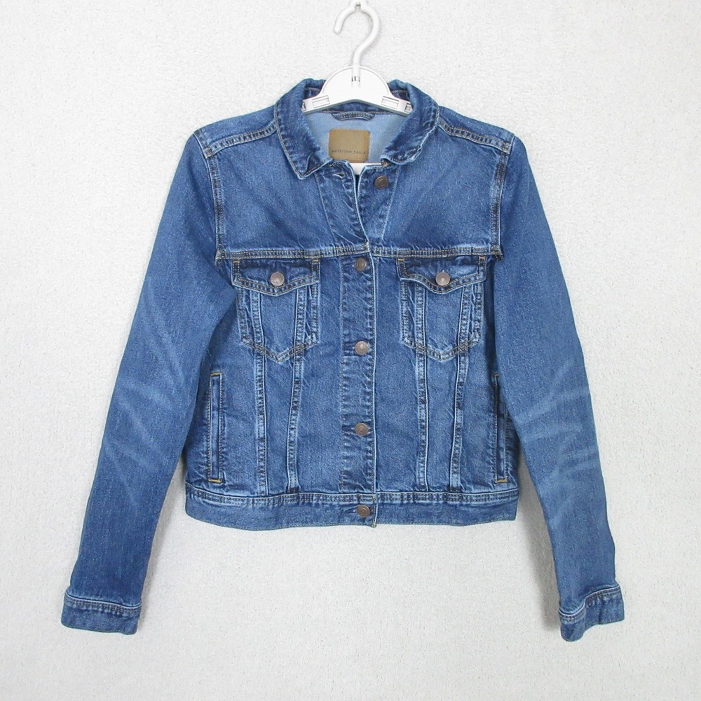 American Eagle Denim Jacket Women Small Blue Stretch Medium Wash Trucker Coat